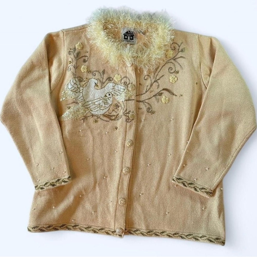 Vintage Storybook Knits 2X cardigan sweater holiday doves peach beaded cottage